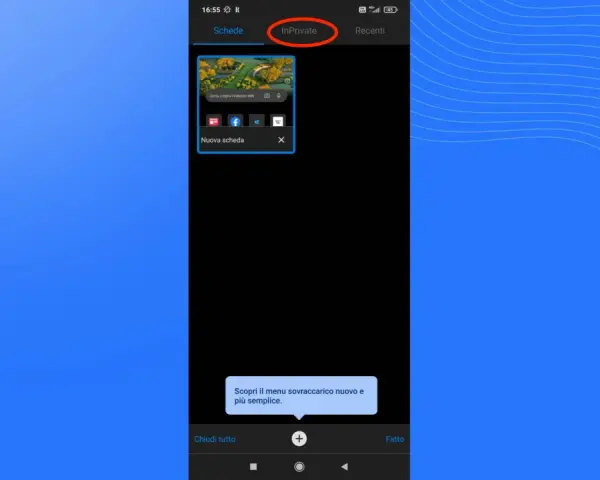 Schermata di navigazione in incognito da cellulare, con la scheda "InPrivate" attiva.