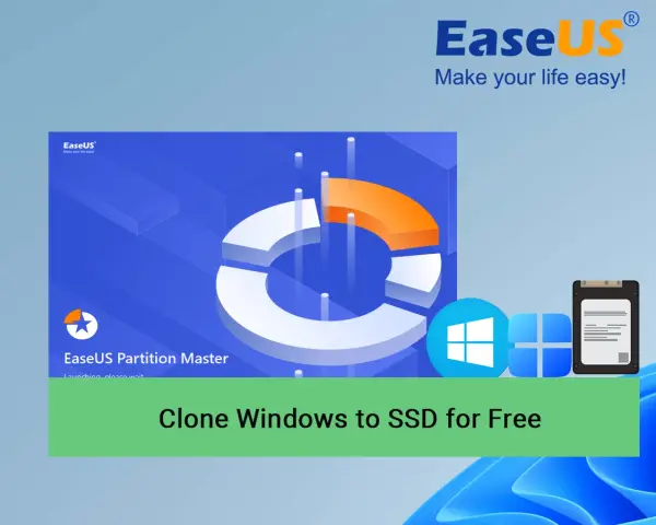 Clonare hard disk Windows 10 gratis con EaseUS Partition Master. Icone Windows e SSD.