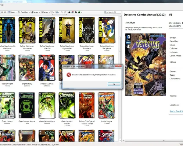 Errore nell'esecuzione dello script: "Exception has been thrown by the target of an invocation." Visualizzato su ComicRack, con copertine di fumetti come Detective Comics.