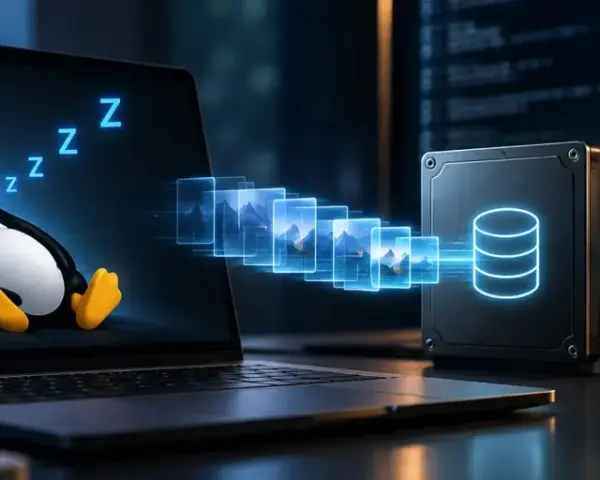 Tux, il pinguino Linux, dorme profondamente mentre i dati vengono trasferiti su un disco esterno. Sto eseguendo l'ibernazione del sistema per un rapido ripristino.