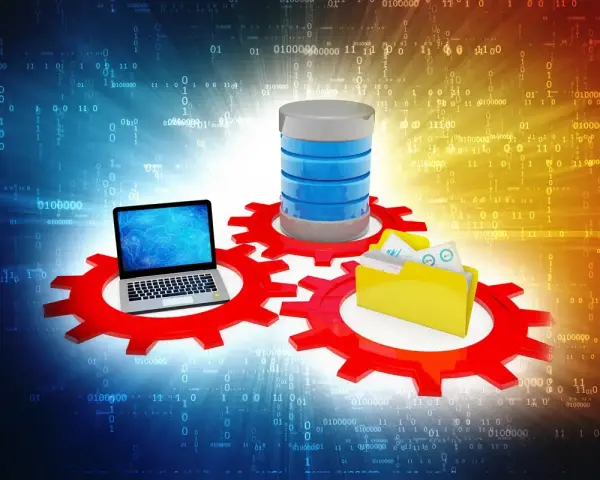 Un laptop, un database e una cartella su ingranaggi rossi, con codice binario sullo sfondo. Simboleggia la gestione dei dati e il ruolo di sql server agent.