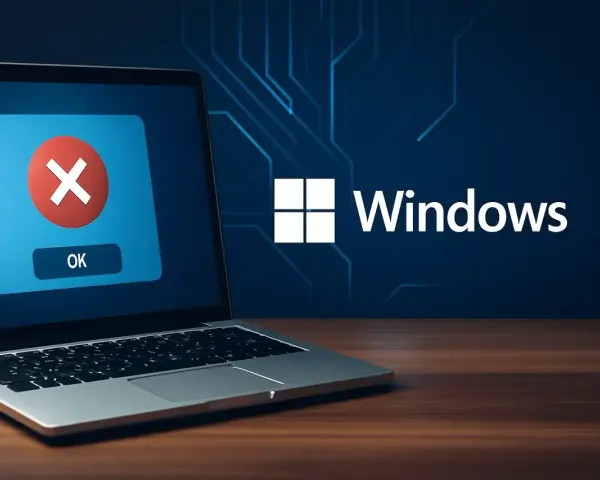 Laptop con errore di sistema Windows 10. Icona rossa con X e pulsante OK. Ripristino file di sistema necessario.