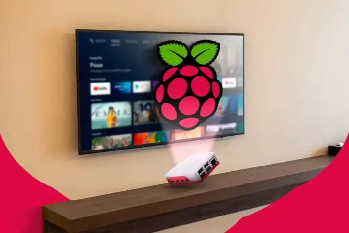 Un Raspberry Pi 3 con logo Raspberry Pi proietta un'interfaccia Android TV su uno schermo.