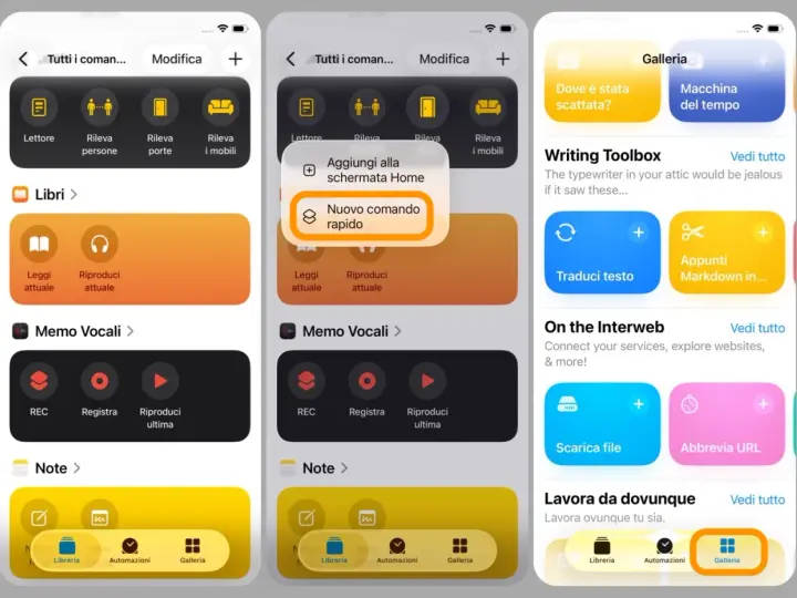 Schermate di iPhone che mostrano la creazione di comandi rapidi. Un pulsante evidenzia "Nuovo comando rapido".