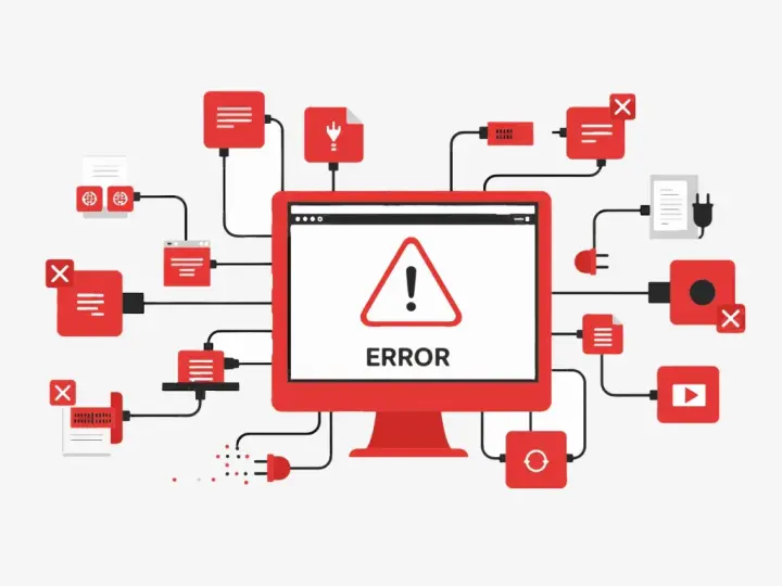 Schermo con "ERROR" e triangolo di avviso, circondato da icone rosse e grigie collegate, che illustrano il buggare significato nel mondo digitale.