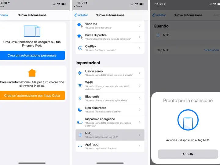 Configurazione automazione iPhone: seleziona NFC per creare un'azione rapida con un tag.