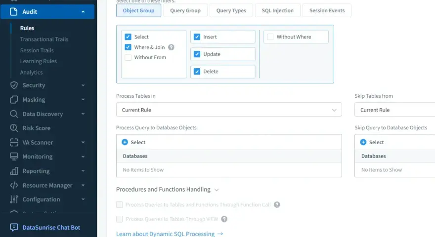 Configurazione di filtri per query SQL: selezione di tipi di elaborazione (SELECT, INSERT, UPDATE, DELETE) e gestione di tabelle e oggetti database.