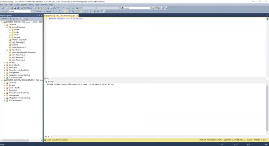 SQL Server Management Studio showing a database restore query and its successful execution message.
