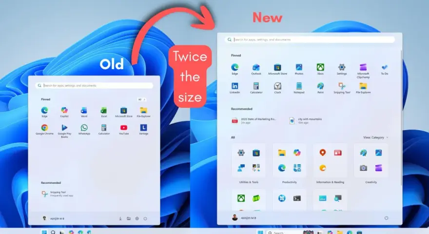 Il menu Start di Windows 11 è il doppio delle dimensioni di quello di Windows 10, con un layout più ampio e organizzato.