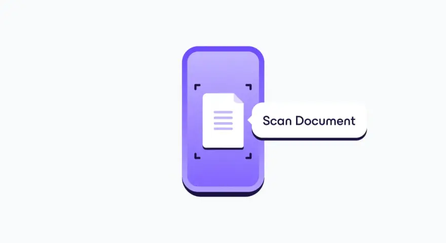 Icona stilizzata di uno smartphone viola con un documento e la scritta "Scan Document". Utile per la scansione documenti iPhone.