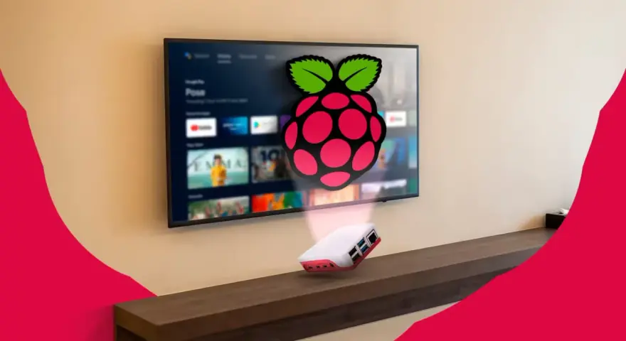 Un Raspberry Pi 3 con logo Raspberry Pi proietta un'interfaccia Android TV su uno schermo.