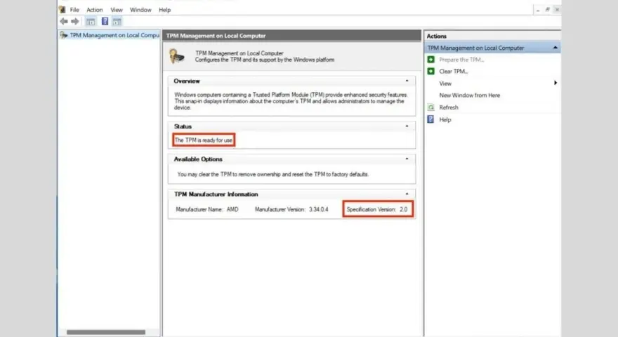 Schermata di gestione TPM: "The TPM is ready for use" e versione 2.0. Utile per abilitare TPM 2.0 nel PC.