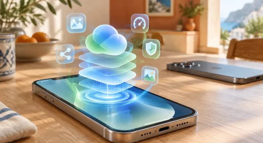 Un iPhone mostra un'interfaccia con icone di app e una nuvola digitale, simboleggiando la connettività e le funzionalità di iOS 27.