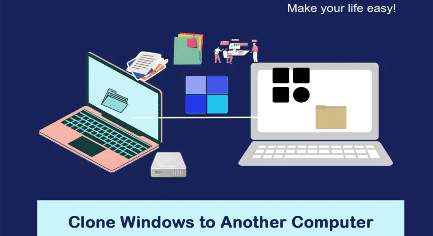 Per clonare PC su altro PC, un laptop rosa trasferisce dati a uno grigio tramite un disco esterno.