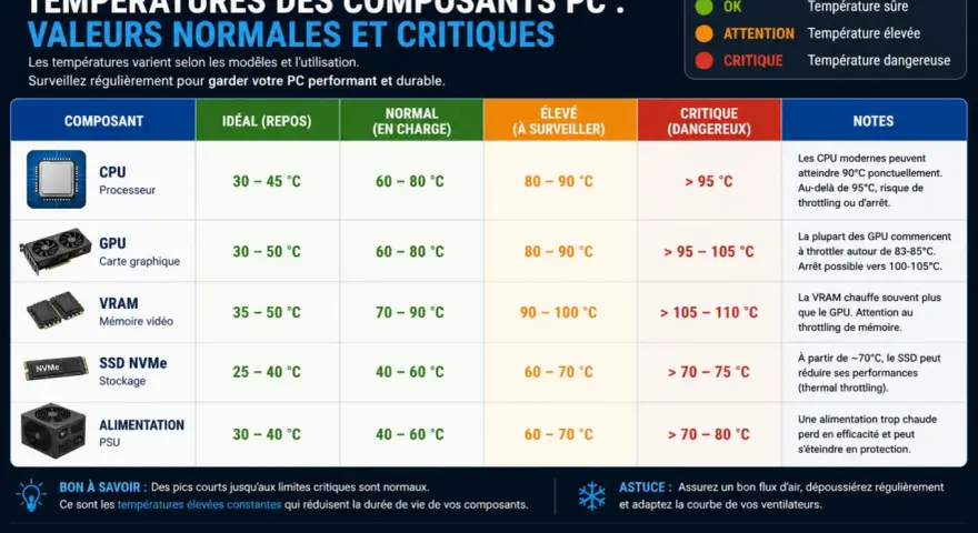 Grafico che mostra le temperature normali e critiche dei componenti del PC: CPU, GPU, VRAM, SSD, PSU. Monitorare la temperatura pc è fondamentale.