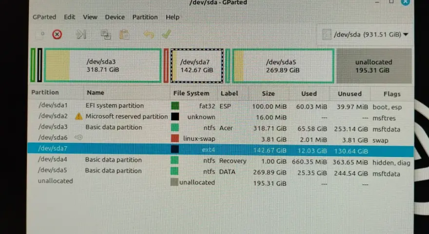 Schermata di GParted che mostra partizioni per dual boot Windows 10 e Ubuntu, con una partizione ext4 per Linux.