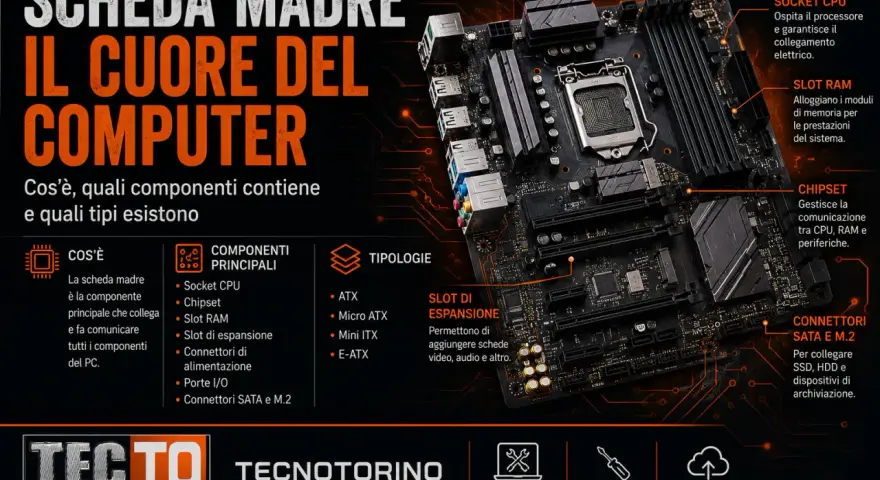 La scheda madre, il cuore del computer, collega tutti i componenti. L'immagine mostra i suoi elementi: CPU, RAM, Chipset e connettori.