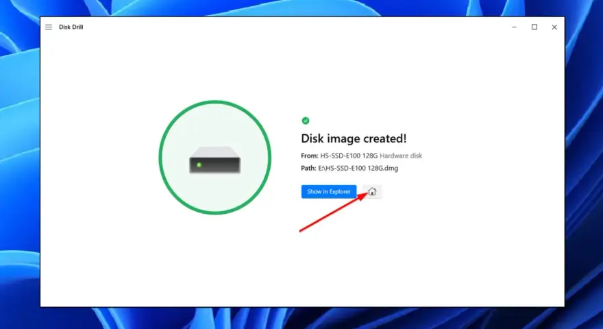 Immagine disco creata con successo. Il percorso del file DMG è visibile, pronto per essere salvato o utilizzato per formattare un disco.