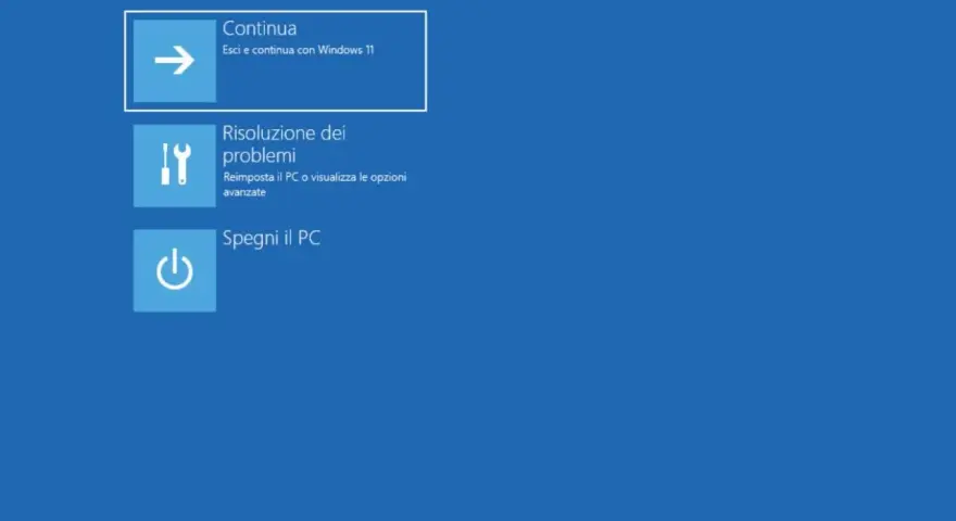 Schermata di scelta opzioni Windows: Continua, Risoluzione problemi o Spegni PC. Utile in modalità provvisoria.
