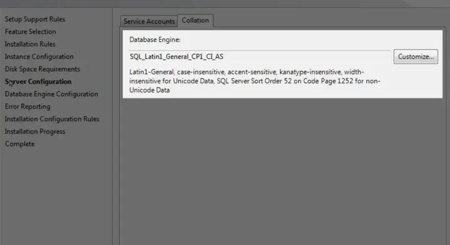 Configurazione server SQL: impostazione del collate Latin1-General_CP1_CI_AS, sensibile alle maiuscole/minuscole e agli accenti.