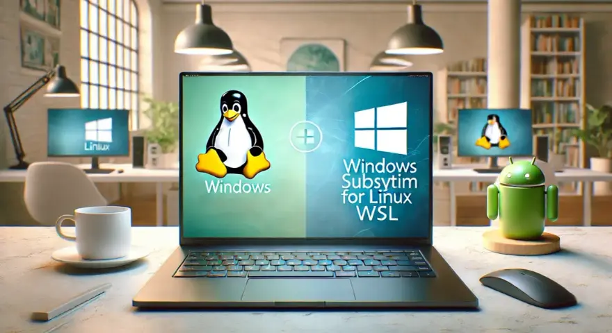 Laptop con Tux (Linux) e logo Windows, che mostra il sottosistema Windows per Linux (WSL). Un'area di lavoro che gestisce il file di paging.