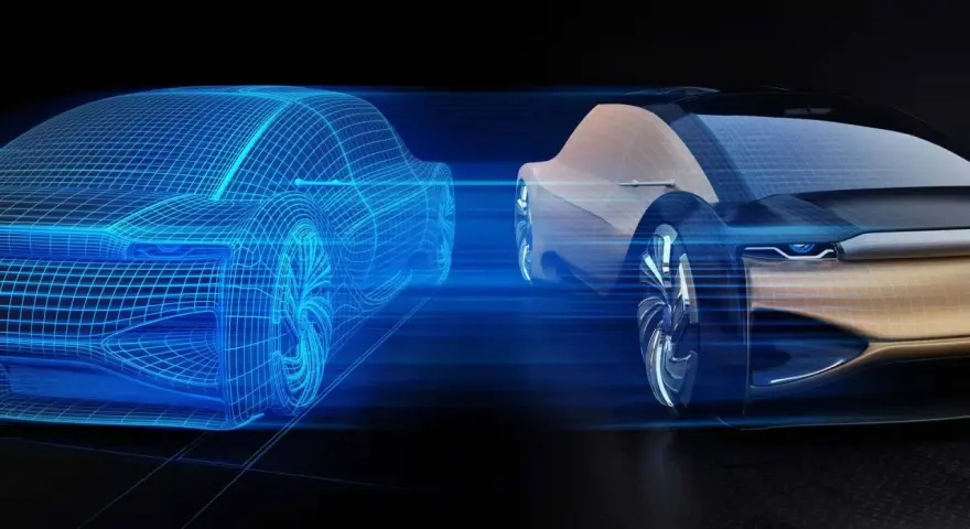 Un'auto futuristica in wireframe blu si confronta con il suo gemello digitale, mostrando la transizione dal virtuale al reale.