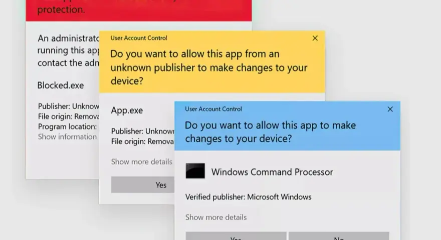 Finestre di dialogo di Windows 10 che richiedono privilegi amministratore per l'installazione di app.