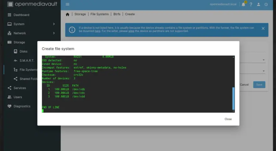 Interfaccia di openmediavault per creare un filesystem RAID1 con tre dischi da 100GB.