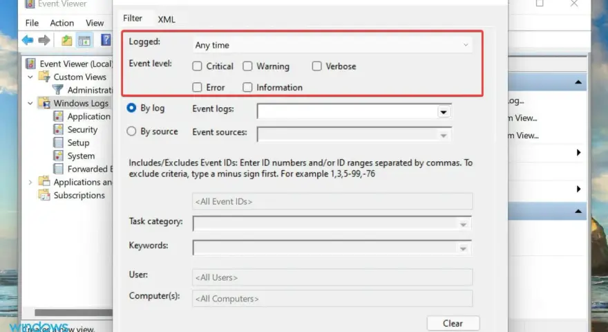 Finestra "Crea vista personalizzata" per il registro eventi Windows. Permette di filtrare per livello, sorgente, ID evento, categoria, parole chiave, utente e computer.