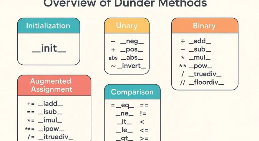 Panoramica dei dunder methods in Python: inizializzazione (__init__), unari, binari, assegnamento aumentato e comparazione.
