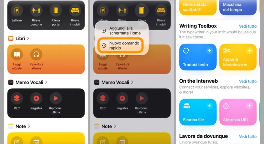 Schermate di iPhone che mostrano la creazione di comandi rapidi. Un pulsante evidenzia "Nuovo comando rapido".