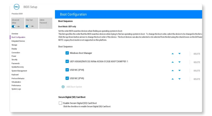 Configurazione avvio BIOS: imposta l'ordine di avvio per aggiornare il firmware. Visualizza le opzioni di avvio UEFI e la gestione delle schede SD.
