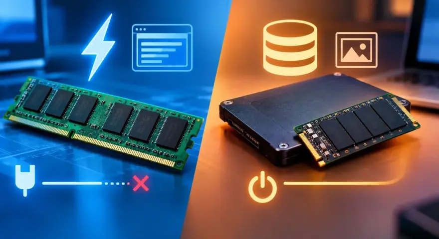 Un modulo di ram memoria volatile, veloce ma effimera, contrapposto a un SSD, più lento ma permanente.