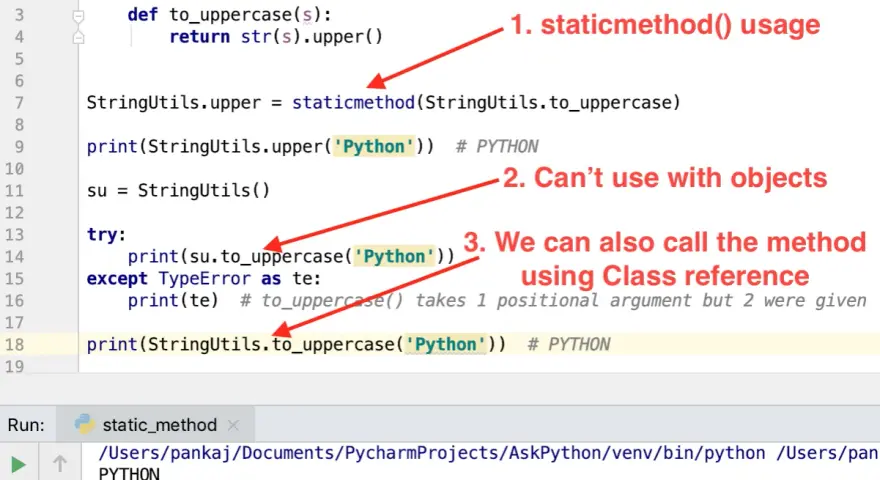 Esempio di python static method: mostra come usarlo, che non funziona con oggetti e come chiamarlo tramite la classe.