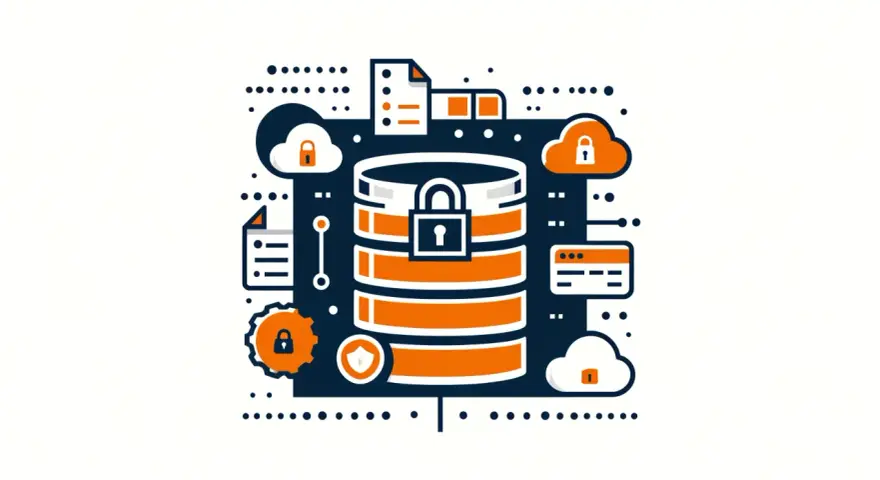 Icone di sicurezza informatica: database protetto, cloud, documenti e ingranaggi.