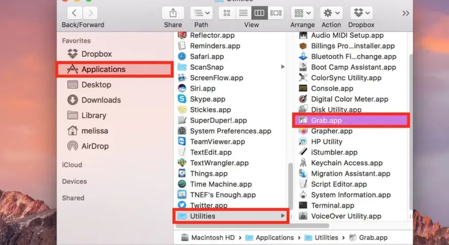 Finestra del Finder su Mac, con la cartella "Applicazioni" selezionata e l'elenco delle utility, tra cui "Grab.app" evidenziato.
