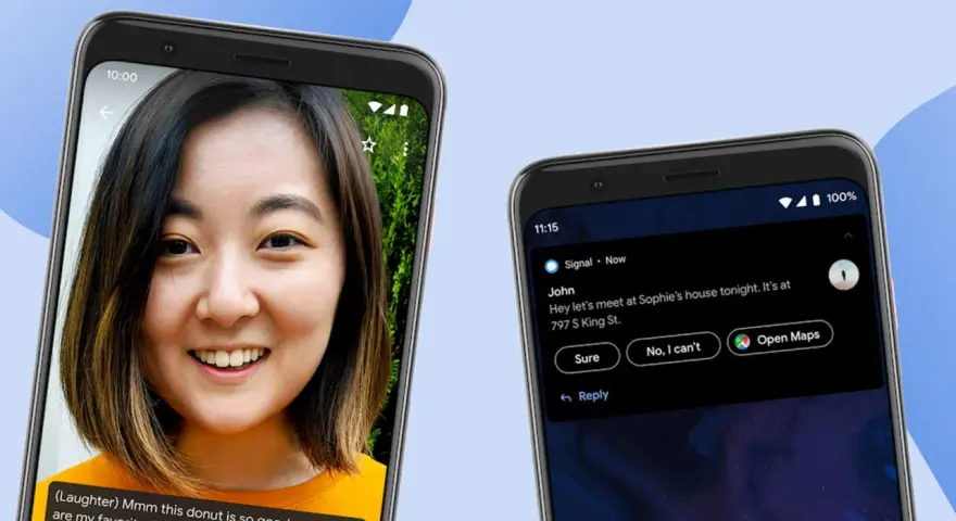 Due smartphone Android mostrano un volto sorridente e una notifica con suggerimenti intelligenti, dimostrando l'intelligenza del sistema Android.