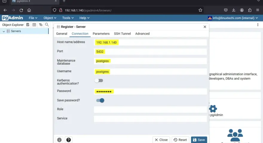 Configurazione server PostgreSQL su Ubuntu tramite pgAdmin 4. Inseriti indirizzo IP 192.168.1.140, porta 5432, utente e database postgres.