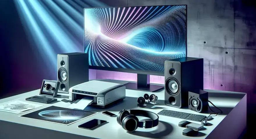 Scrivania con monitor, stampante, altoparlanti e cuffie. Ogni periferica di output contribuisce a creare un'esperienza multimediale completa.