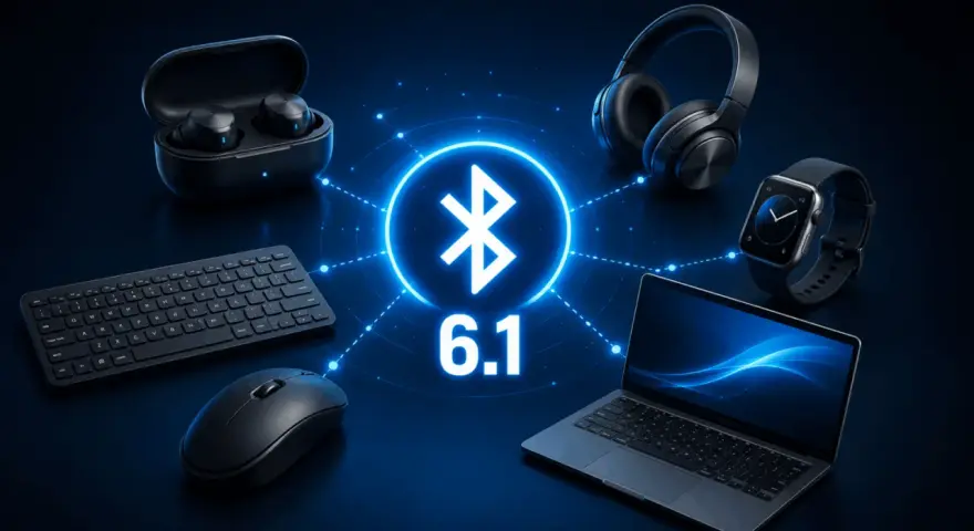 Il simbolo Bluetooth 6.1 collega cuffie, smartwatch, laptop, tastiera e mouse, mostrando il significato della connettività wireless.