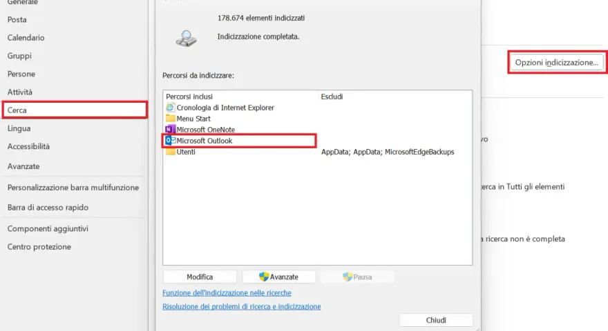 Finestra "Opzioni di indicizzazione" per attivare indicizzazione Windows 11. Selezionato "Microsoft Outlook" tra i percorsi inclusi.