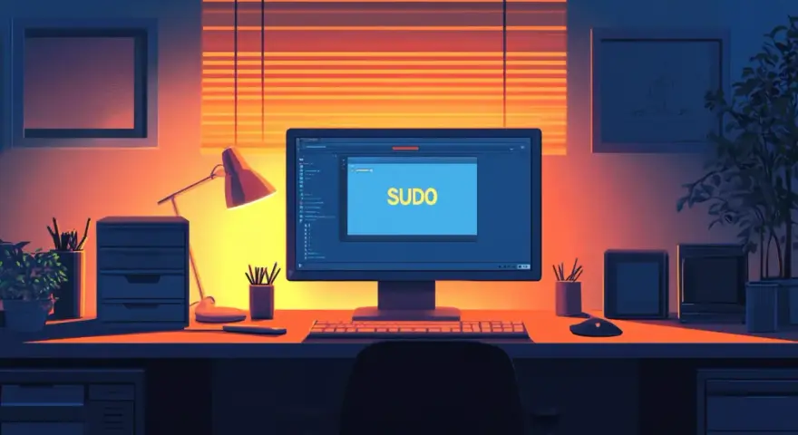 Scrivania illuminata da una lampada, con un monitor che mostra "SUDO", simbolo di accesso ai permessi di root.