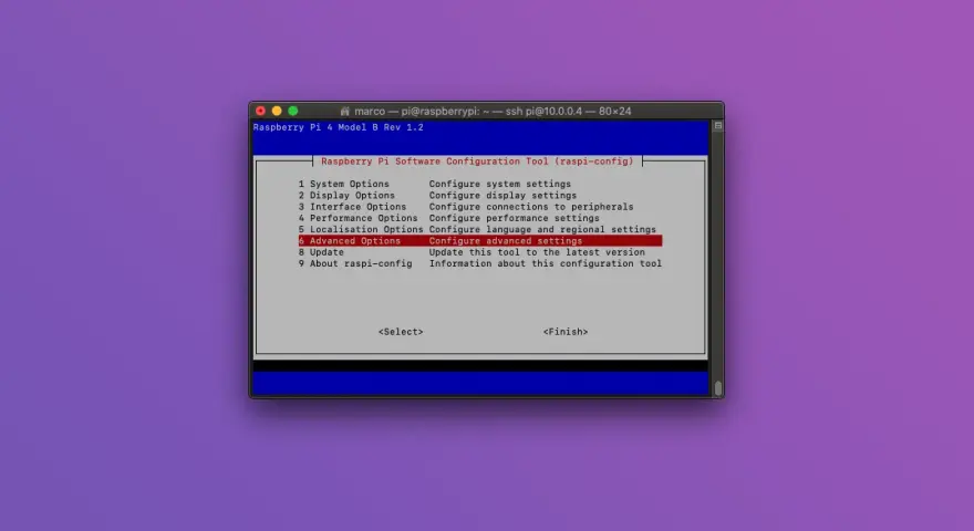 Schermata di configurazione Raspberry Pi, opzione "Advanced Options" selezionata, utile per impostare il boot da USB.