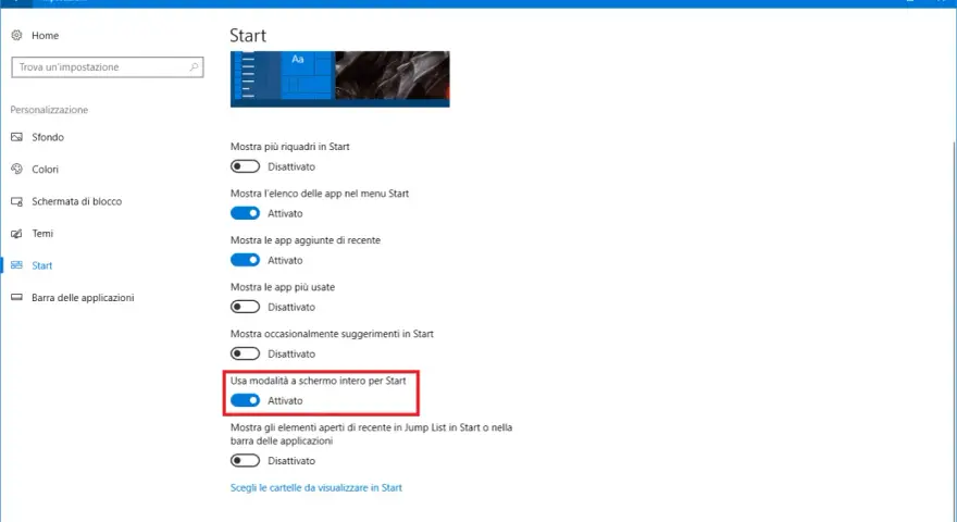 Impostazioni del menu di avvio di Windows 10, con l'opzione "Usa modalità a schermo intero per Start" attivata.