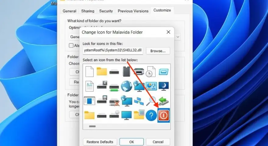 Finestra di dialogo "Cambia icona" di Windows 11, che mostra icone cartelle e altre icone di sistema.