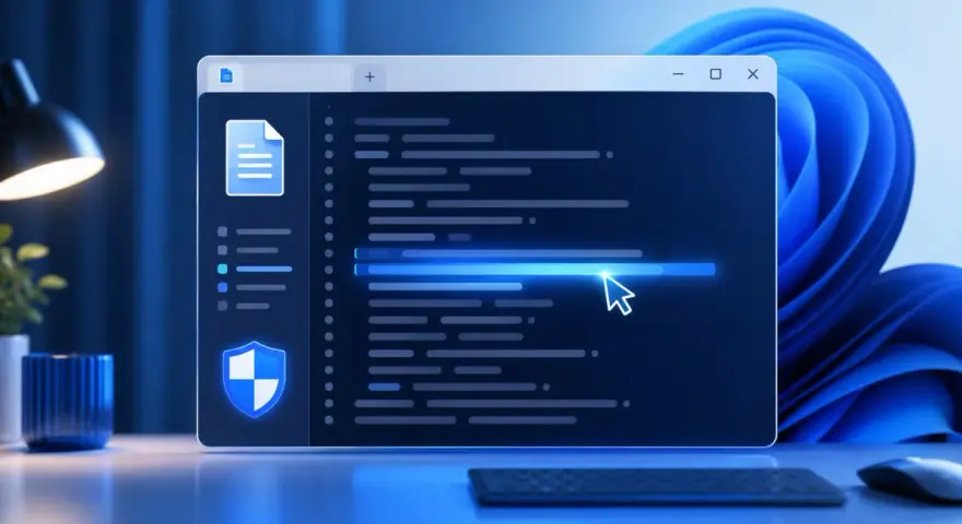 Schermata di Windows 11 con codice e icona di sicurezza. Il cursore del mouse evidenzia una riga di codice.