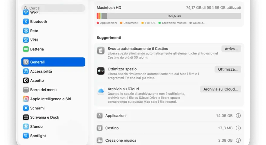 Schermata di macOS che mostra come liberare spazio su iCloud e sul Mac, con suggerimenti per ottimizzare lo spazio e archiviare file.