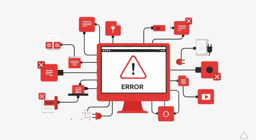 Schermo con "ERROR" e triangolo di avviso, circondato da icone rosse e grigie collegate, che illustrano il buggare significato nel mondo digitale.
