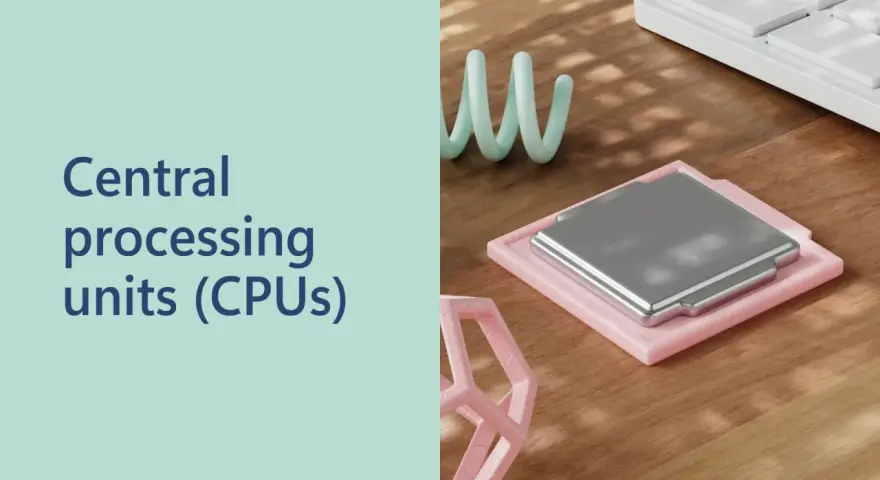Unità di elaborazione centrale (CPU) su un tavolo di legno, con testo "Central processing units (CPUs)". Ideale per chi cerca CPU compatibili Windows 11.