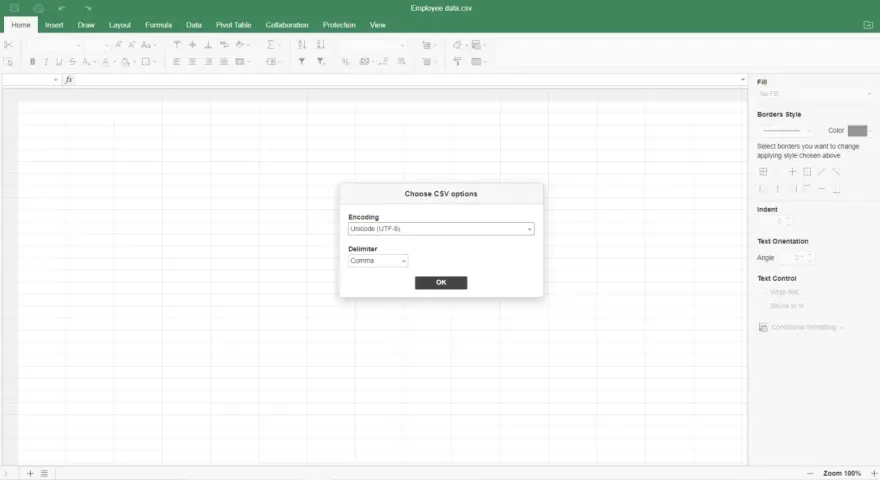 Finestra di dialogo per scegliere le opzioni di codifica e delimitatore per aprire file CSV.